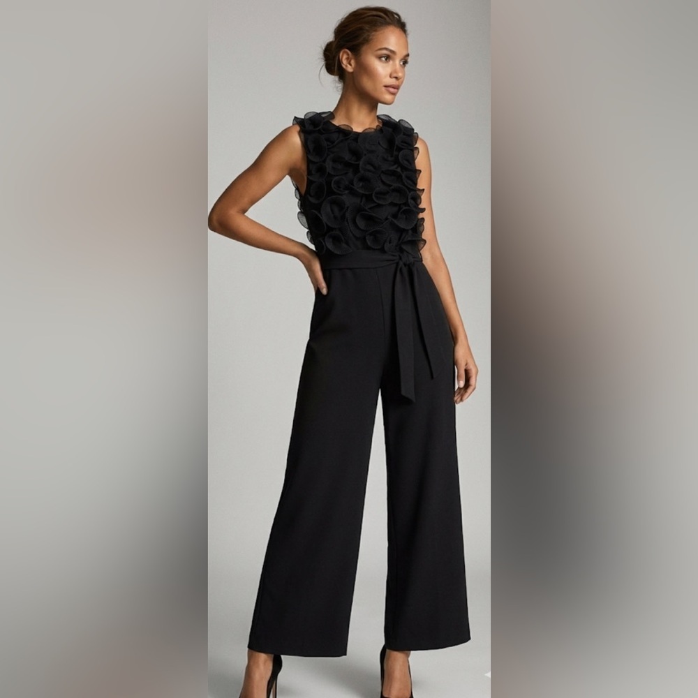 Zara Black Textured Ruffled Pleated Jumpsuit Wide Leg Tie Waist Sleeveless L